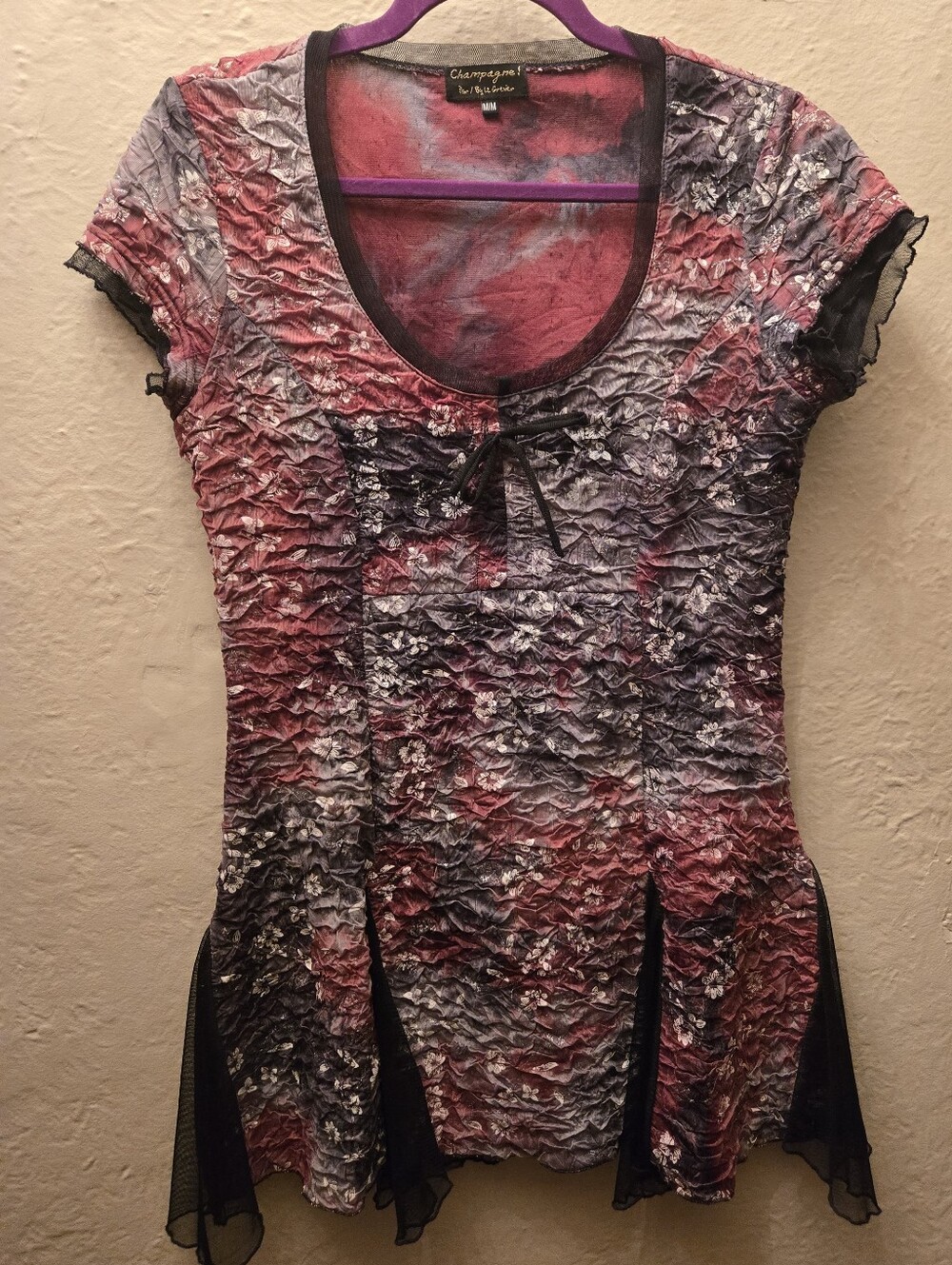 Champagne Crinkle Fairycore Tunic Top M Mesh Handkerchief Hem Whimsigoth Boho